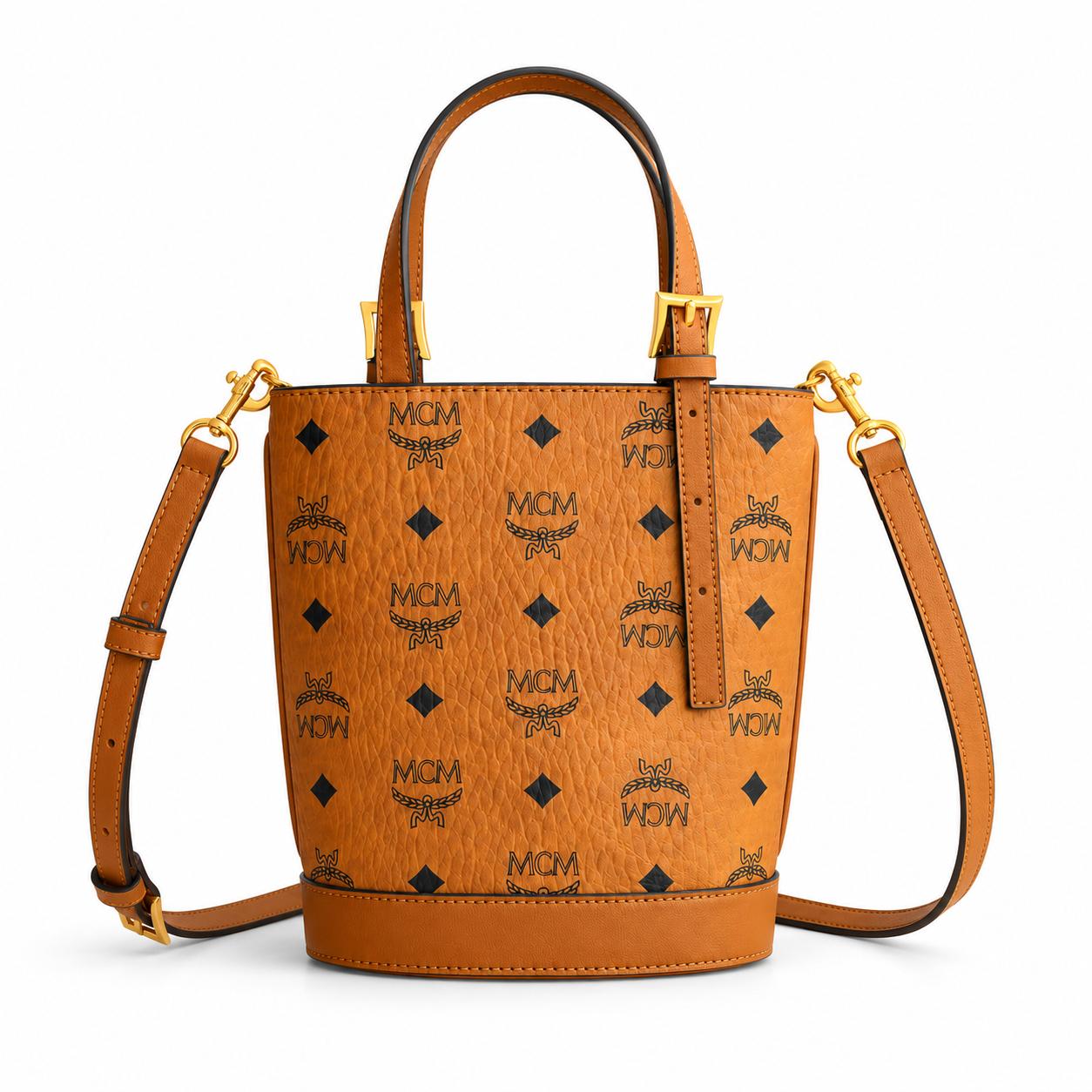 MCM Aren Visetos Mini Bucket Bag – Cognac, MWTEATA01CO