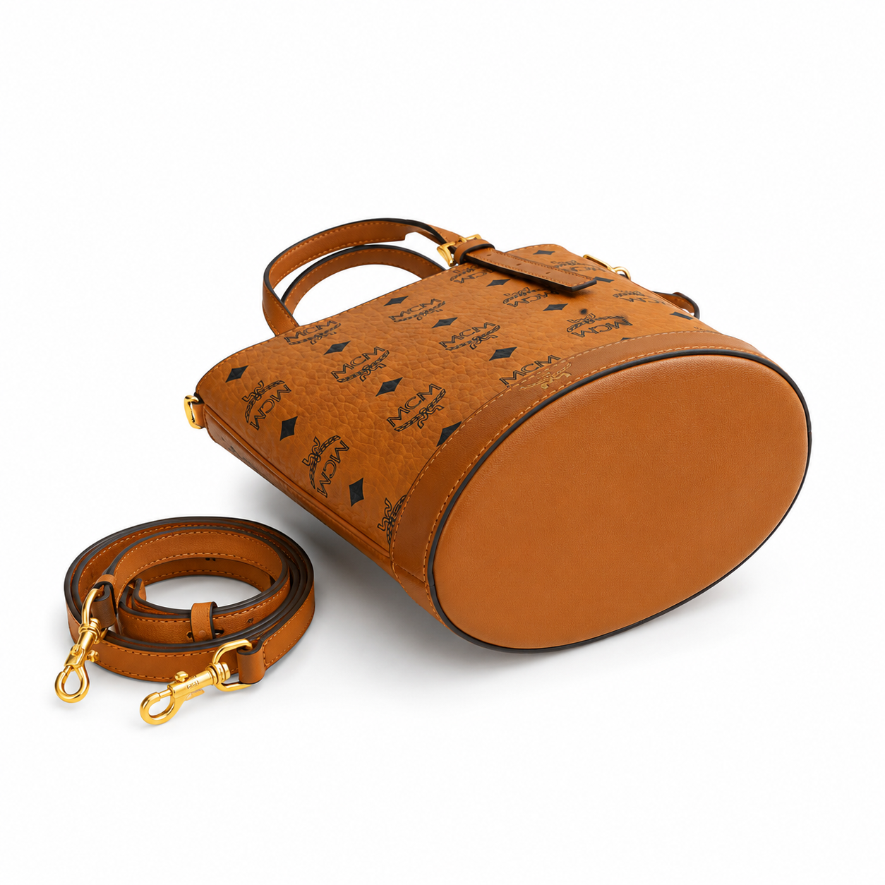 MCM Aren Visetos Mini Bucket Bag – Cognac, MWTEATA01CO