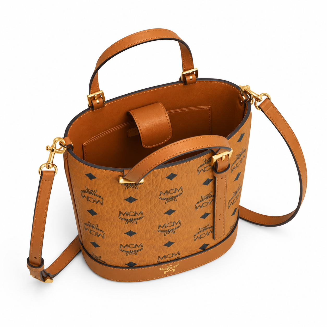 MCM Aren Visetos Mini Bucket Bag – Cognac, MWTEATA01CO