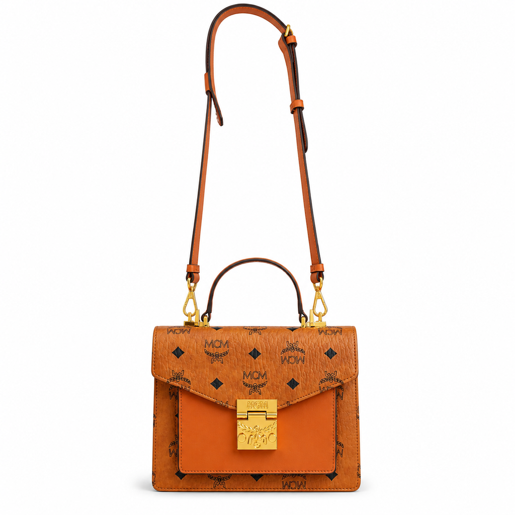 MCM Patricia Visetos Small Satchel Bag – Cognac, Gold Hardware, MWTEAPA01CO001