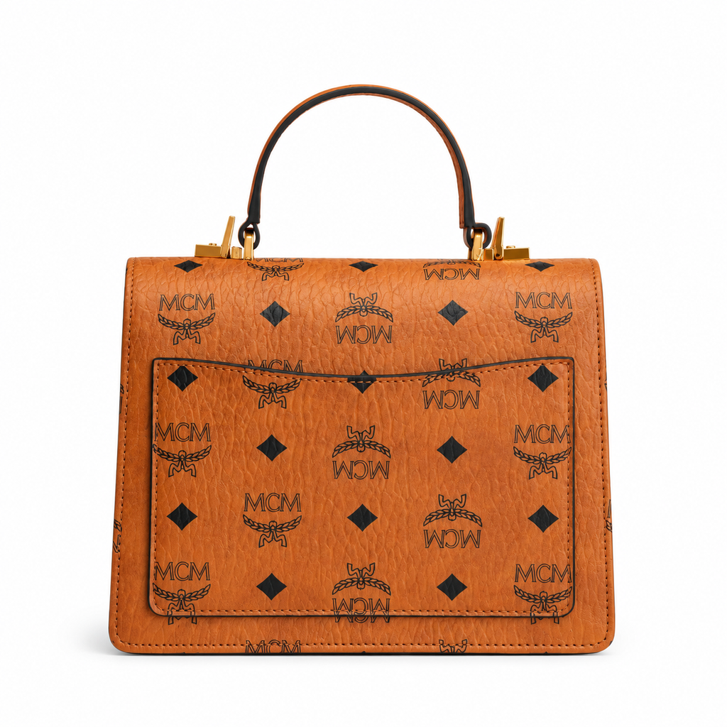 MCM Patricia Visetos Small Satchel Bag – Cognac, Gold Hardware, MWTEAPA01CO001