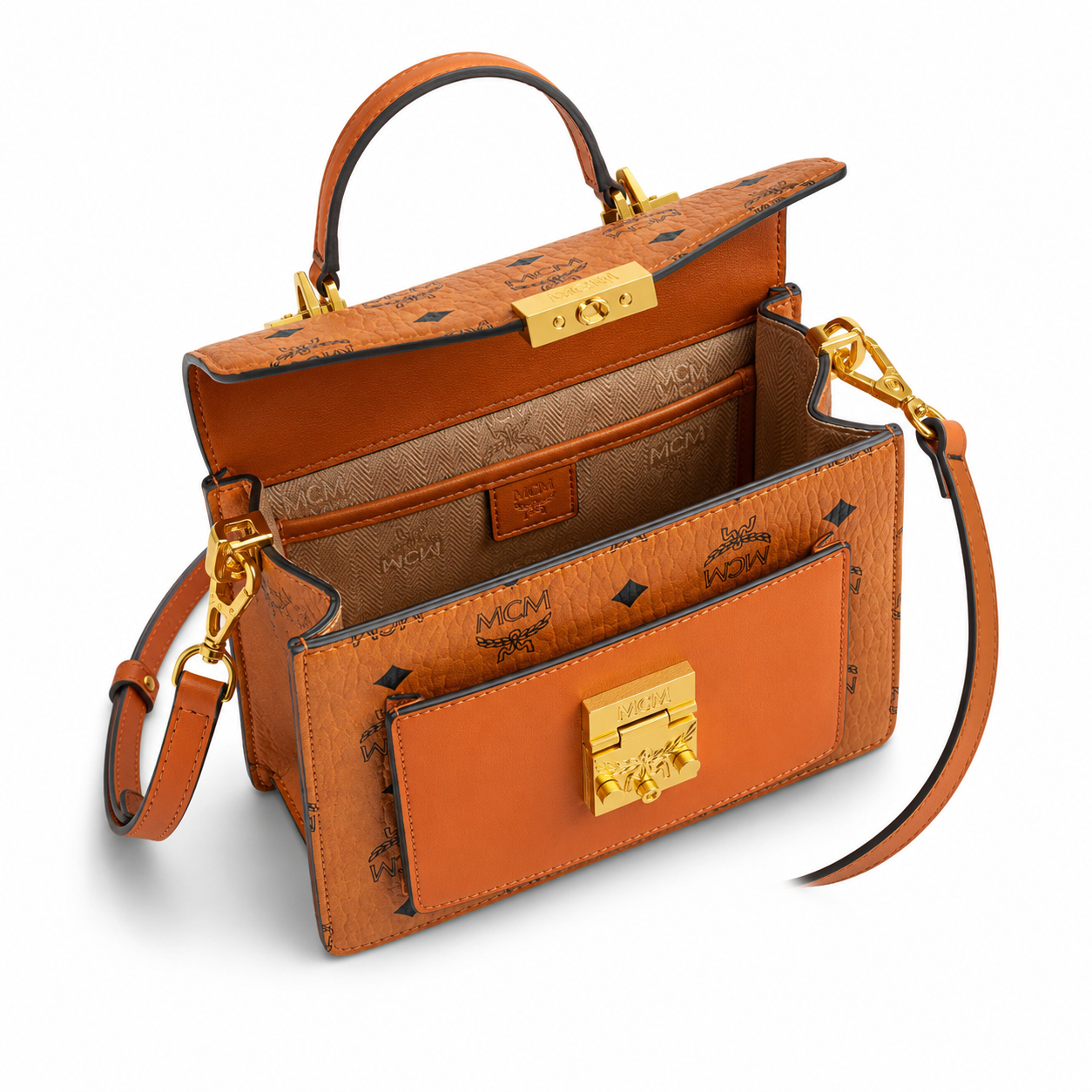 MCM Patricia Visetos Small Satchel Bag – Cognac, Gold Hardware, MWTEAPA01CO001