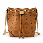 MCM Stark Visetos Mini Bucket Bag – Cognac, Gold Chain, MWTEBBA01CO001
