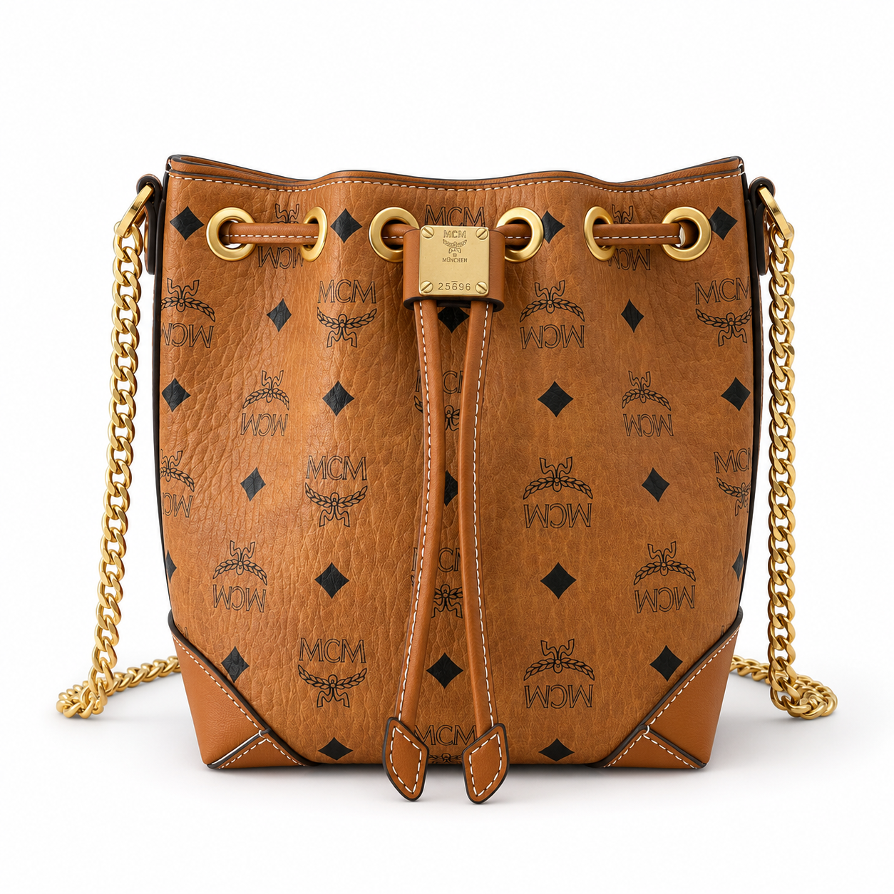 MCM Stark Visetos Mini Bucket Bag – Cognac, Gold Chain, MWTEBBA01CO001