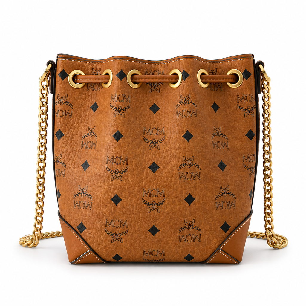 MCM Stark Visetos Mini Bucket Bag – Cognac, Gold Chain, MWTEBBA01CO001