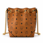 MCM Stark Visetos Mini Bucket Bag – Cognac, Gold Chain, MWTEBBA01CO001