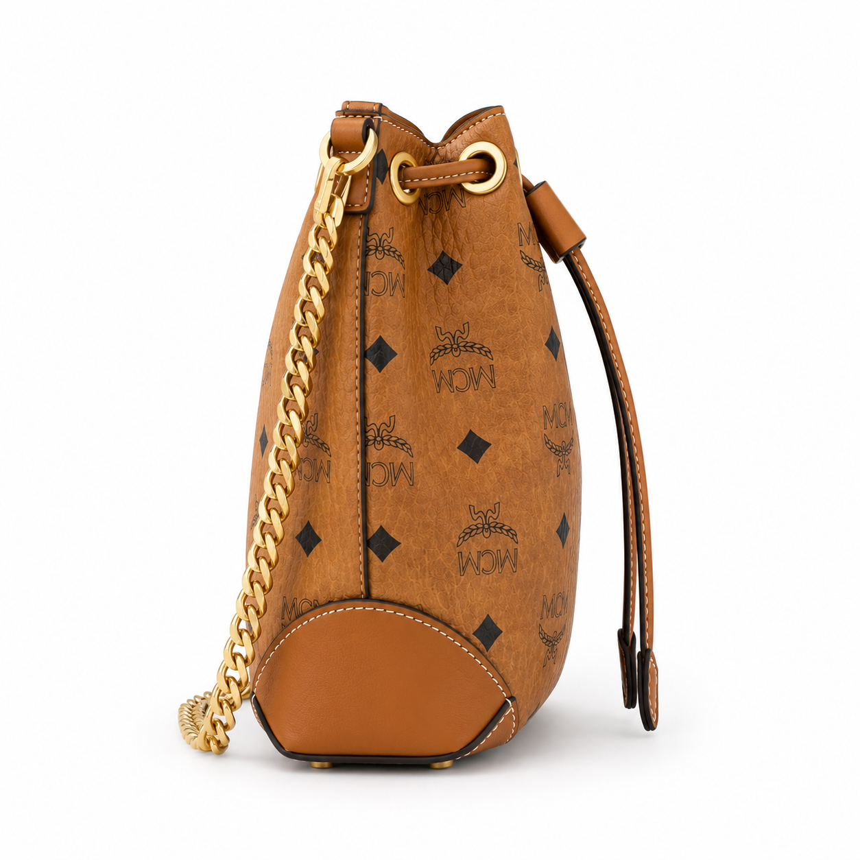 MCM Stark Visetos Mini Bucket Bag – Cognac, Gold Chain, MWTEBBA01CO001