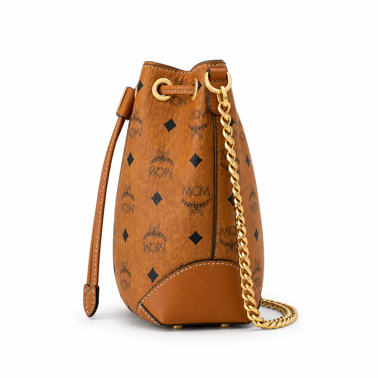 MCM Stark Visetos Mini Bucket Bag – Cognac, Gold Chain, MWTEBBA01CO001