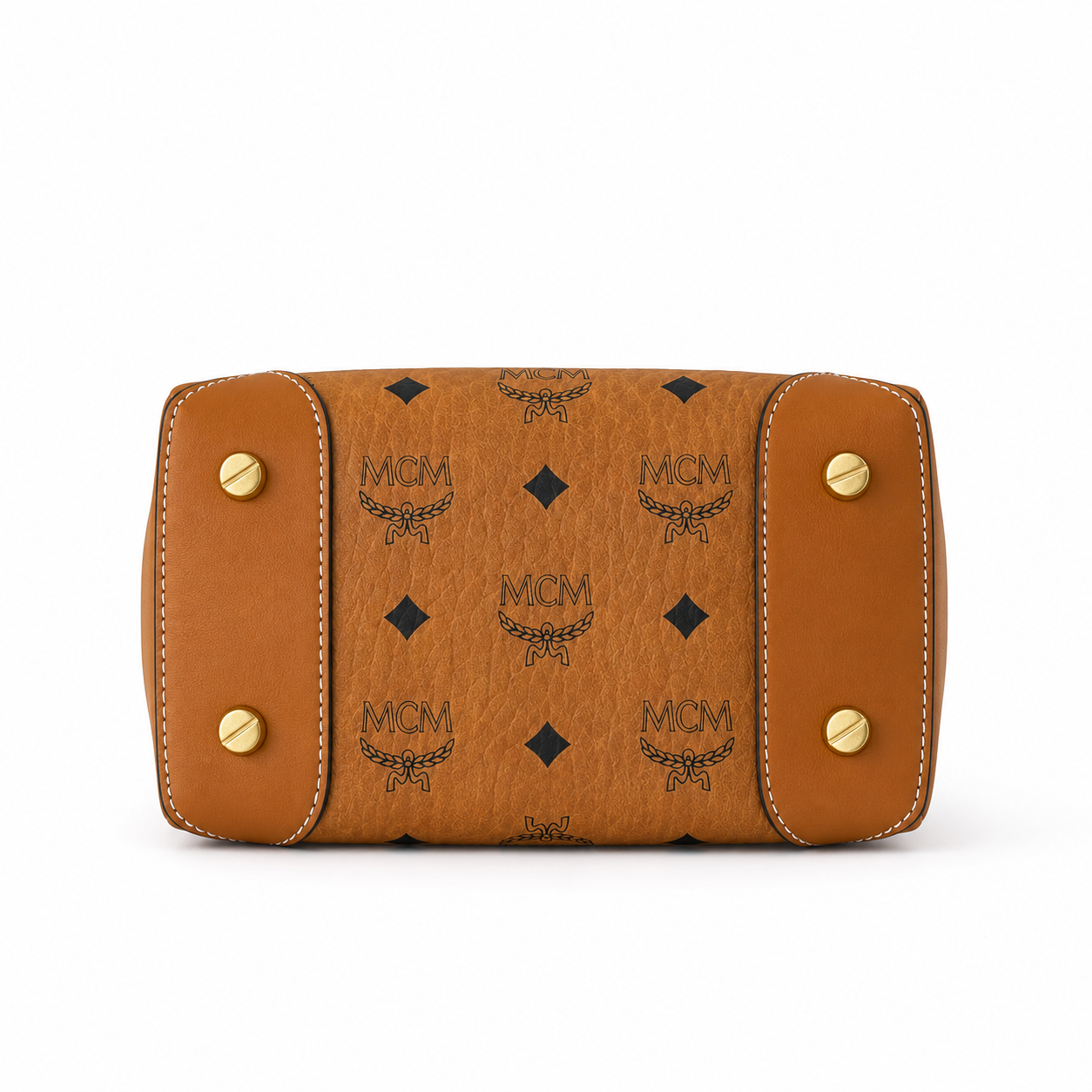 MCM Stark Visetos Mini Bucket Bag – Cognac, Gold Chain, MWTEBBA01CO001