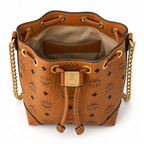 MCM Stark Visetos Mini Bucket Bag – Cognac, Gold Chain, MWTEBBA01CO001