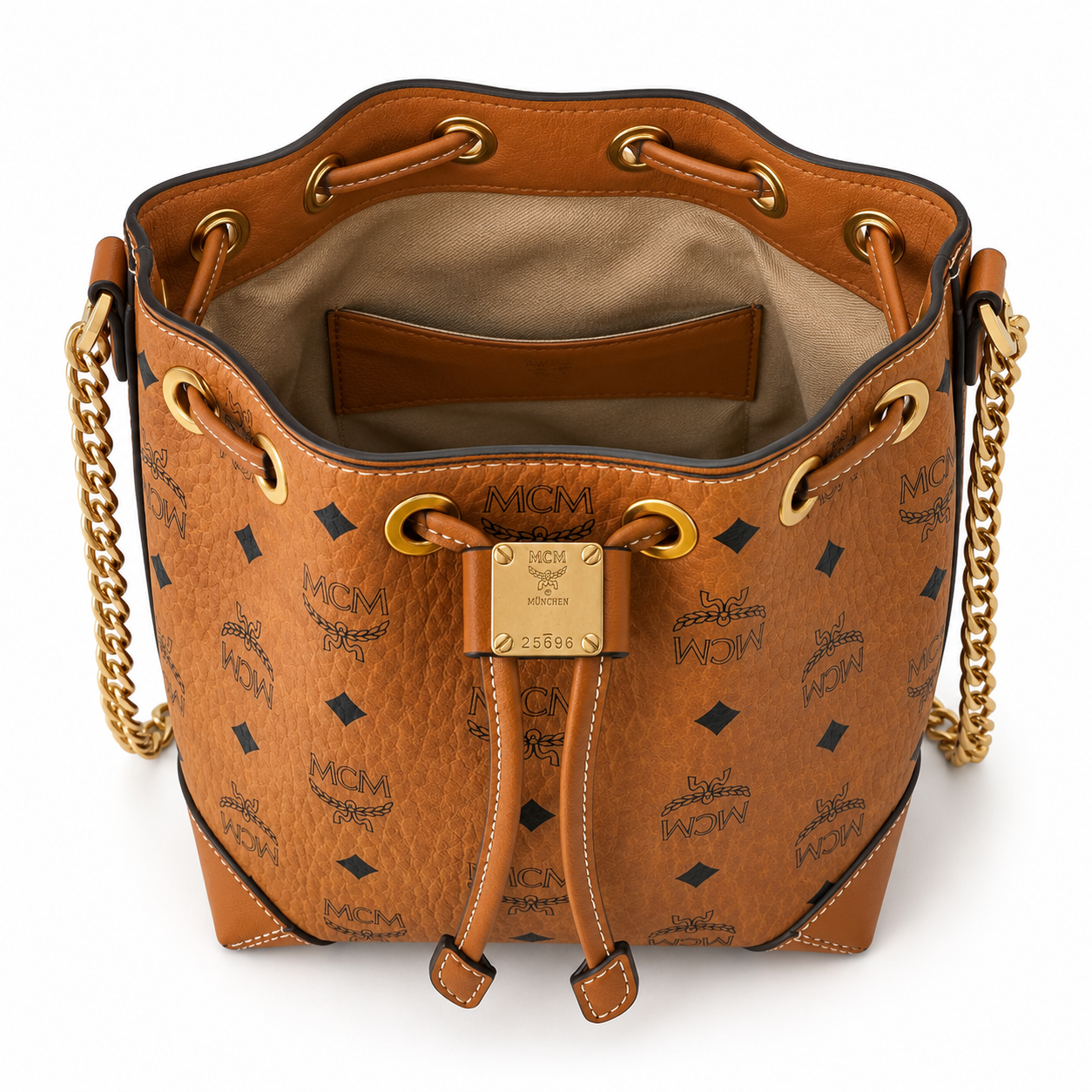 MCM Stark Visetos Mini Bucket Bag – Cognac, Gold Chain, MWTEBBA01CO001