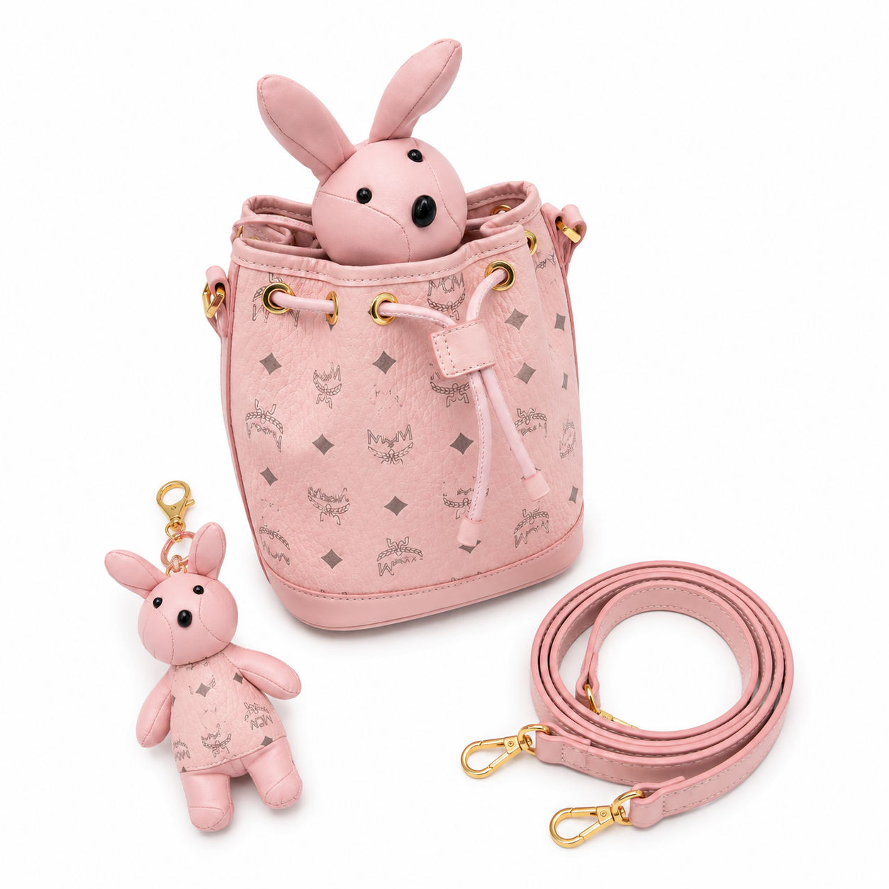 MCM Zoo Visetos Mini Bunny Bucket Bag – Pink, Detachable Rabbit, MWZ8AXL45PZ001