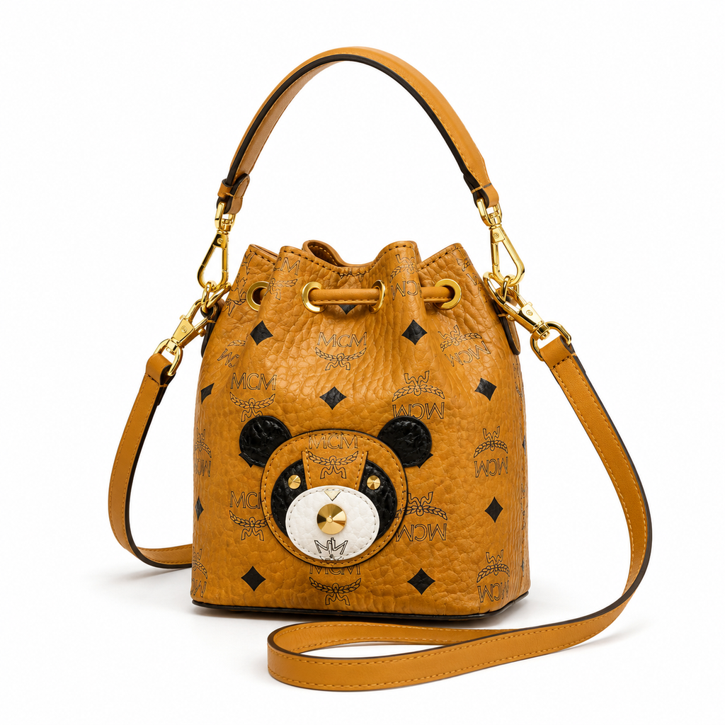 MCM x Mr. Bags Mini Bucket Bag – Cognac Visetos, Bear Face, MZUA9SV89CO001