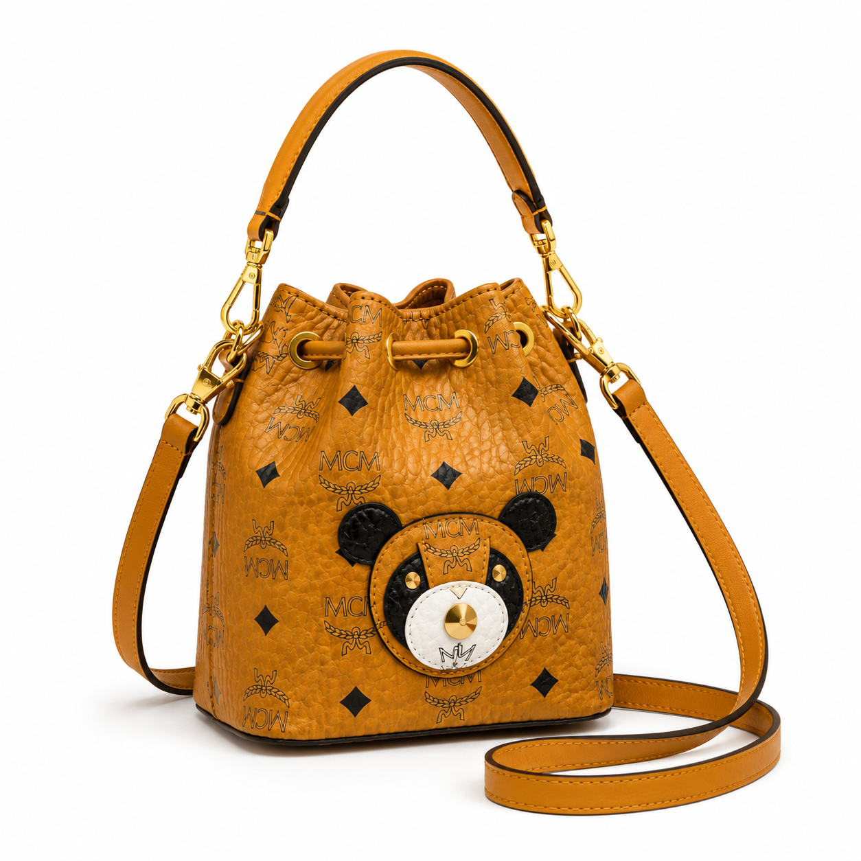 MCM x Mr. Bags Mini Bucket Bag – Cognac Visetos, Bear Face, MZUA9SV89CO001