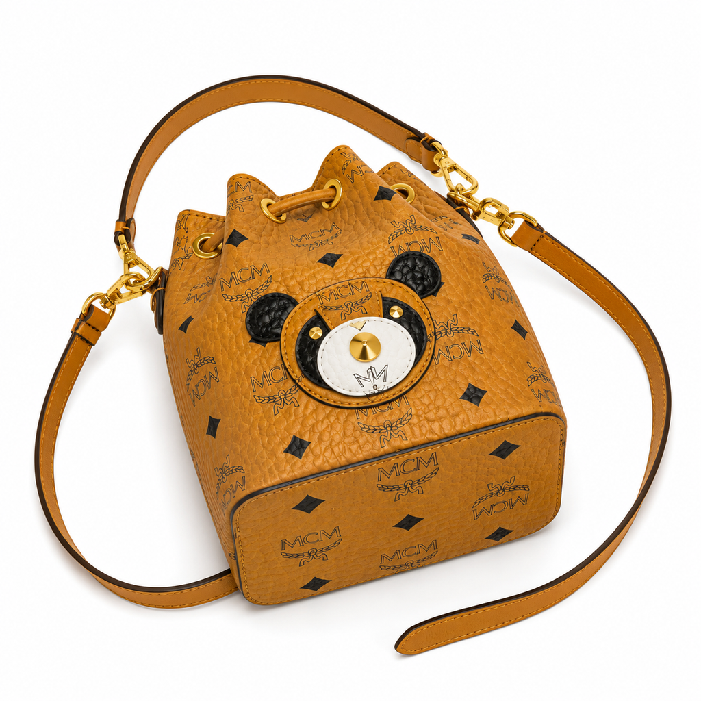 MCM x Mr. Bags Mini Bucket Bag – Cognac Visetos, Bear Face, MZUA9SV89CO001