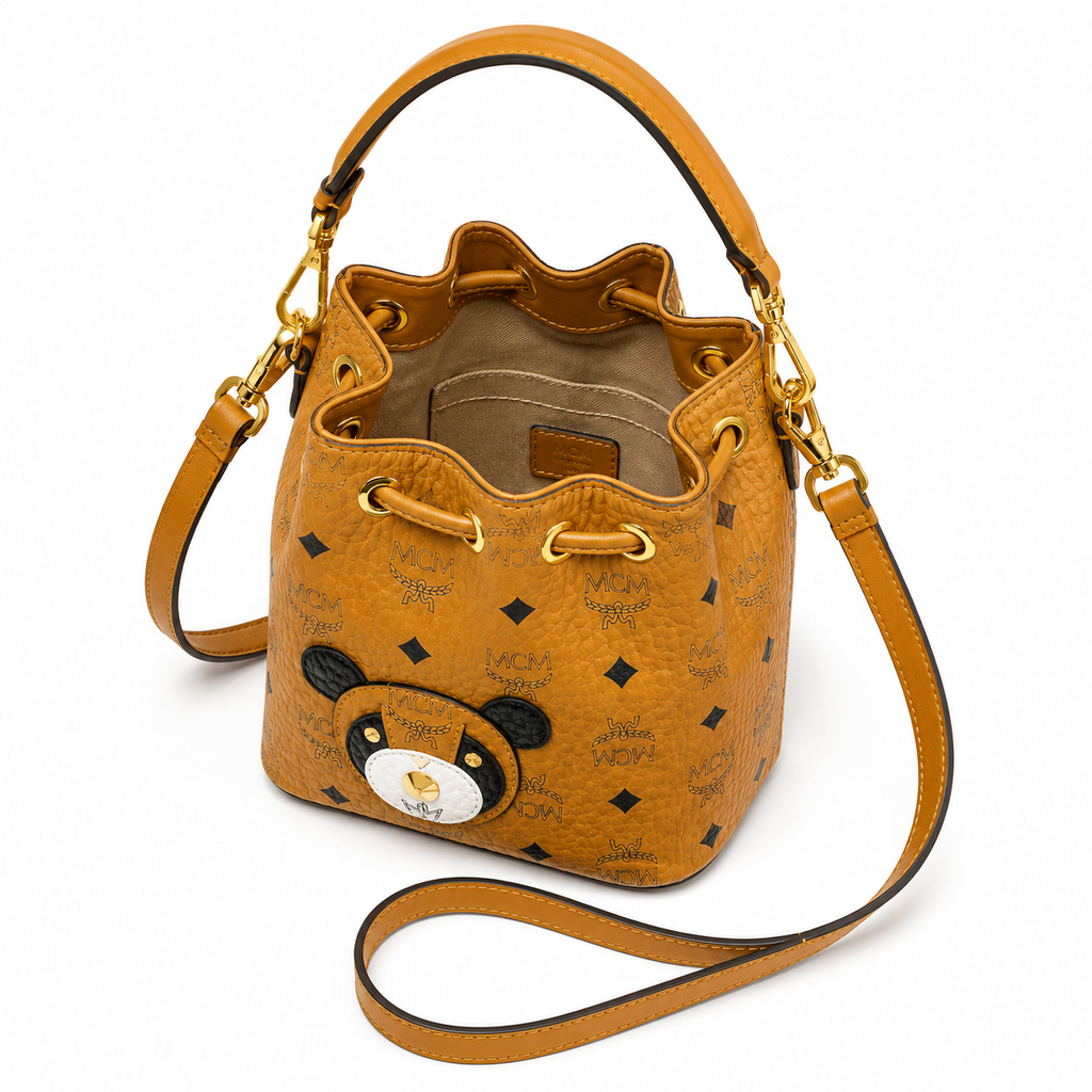 MCM x Mr. Bags Mini Bucket Bag – Cognac Visetos, Bear Face, MZUA9SV89CO001