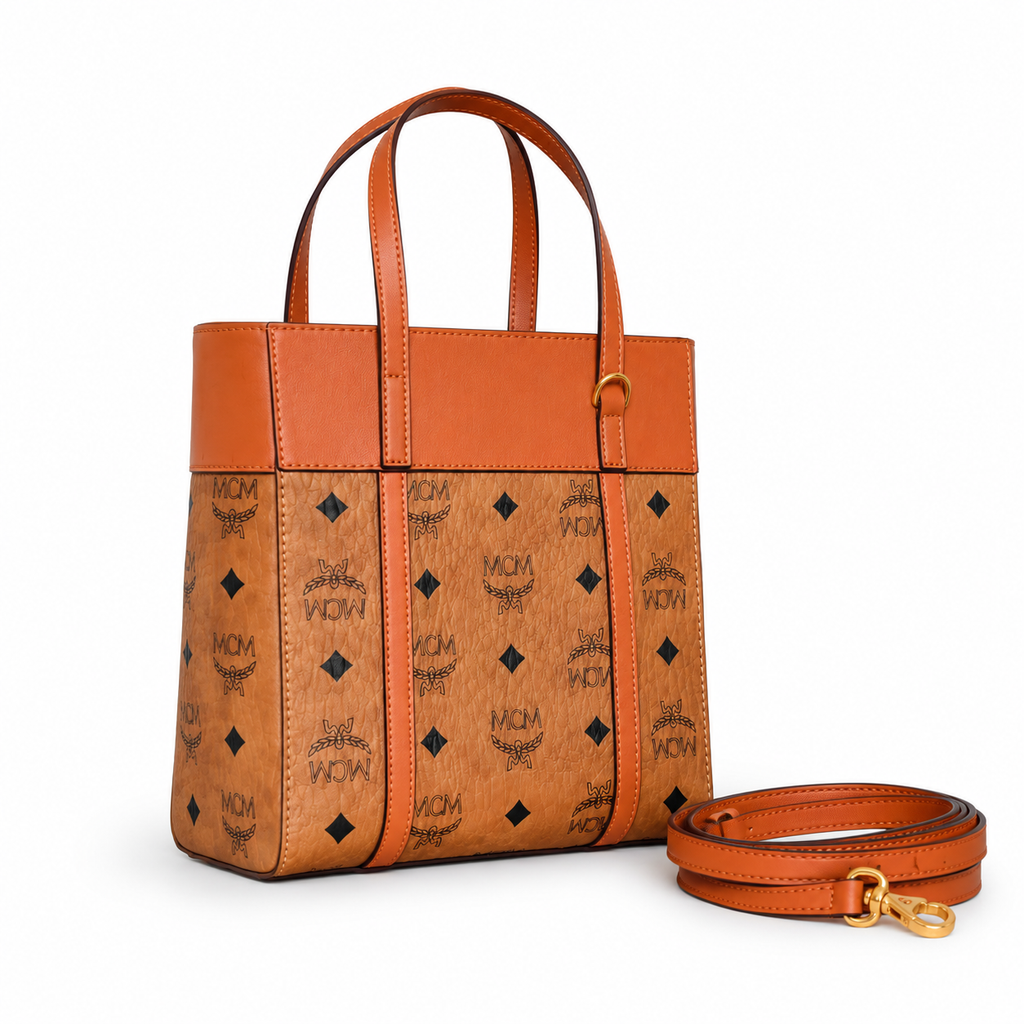 MCM Reversible Shopper Visetos Mini Tote Bag – Cognac, 21.5cm