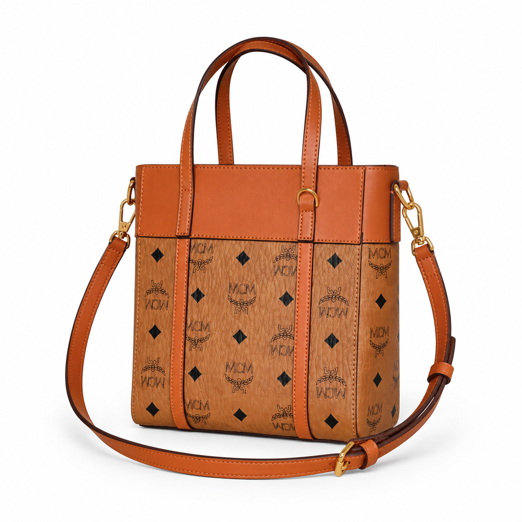 MCM Reversible Shopper Visetos Mini Tote Bag – Cognac, 21.5cm