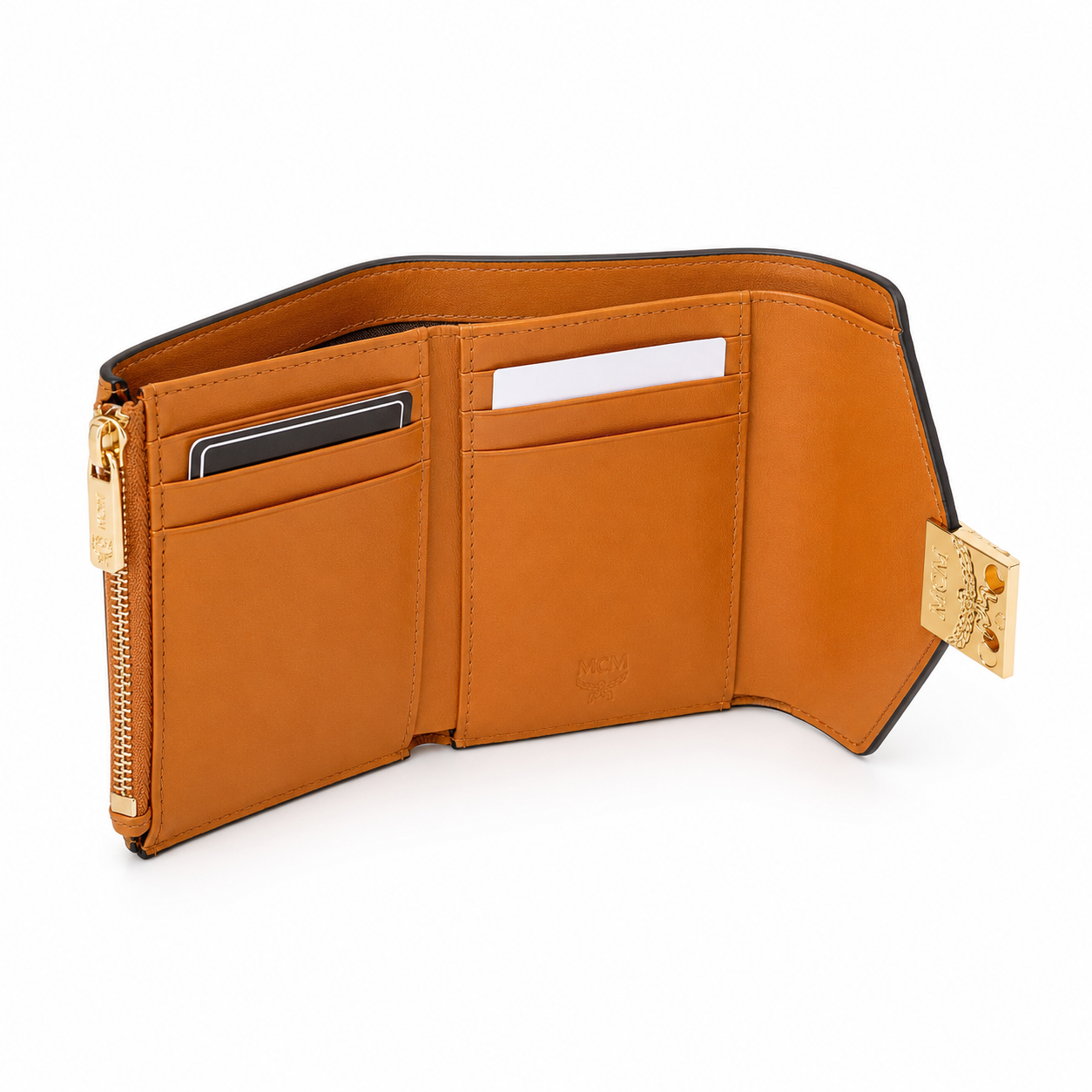 MCM Small Aren Visetos Trifold Wallet – Cognac