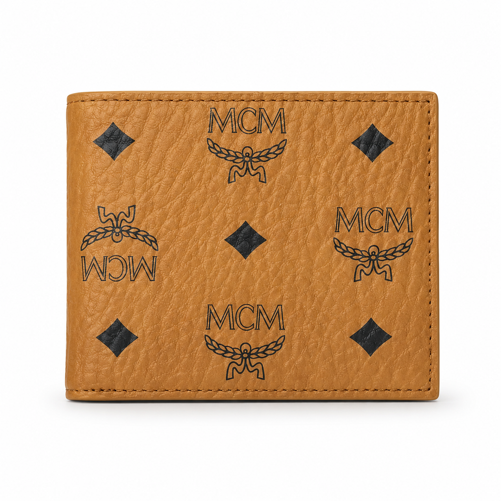 MCM Visetos Original Compact Wallet – Cognac Coated Canvas Bifold with Coin Pocket