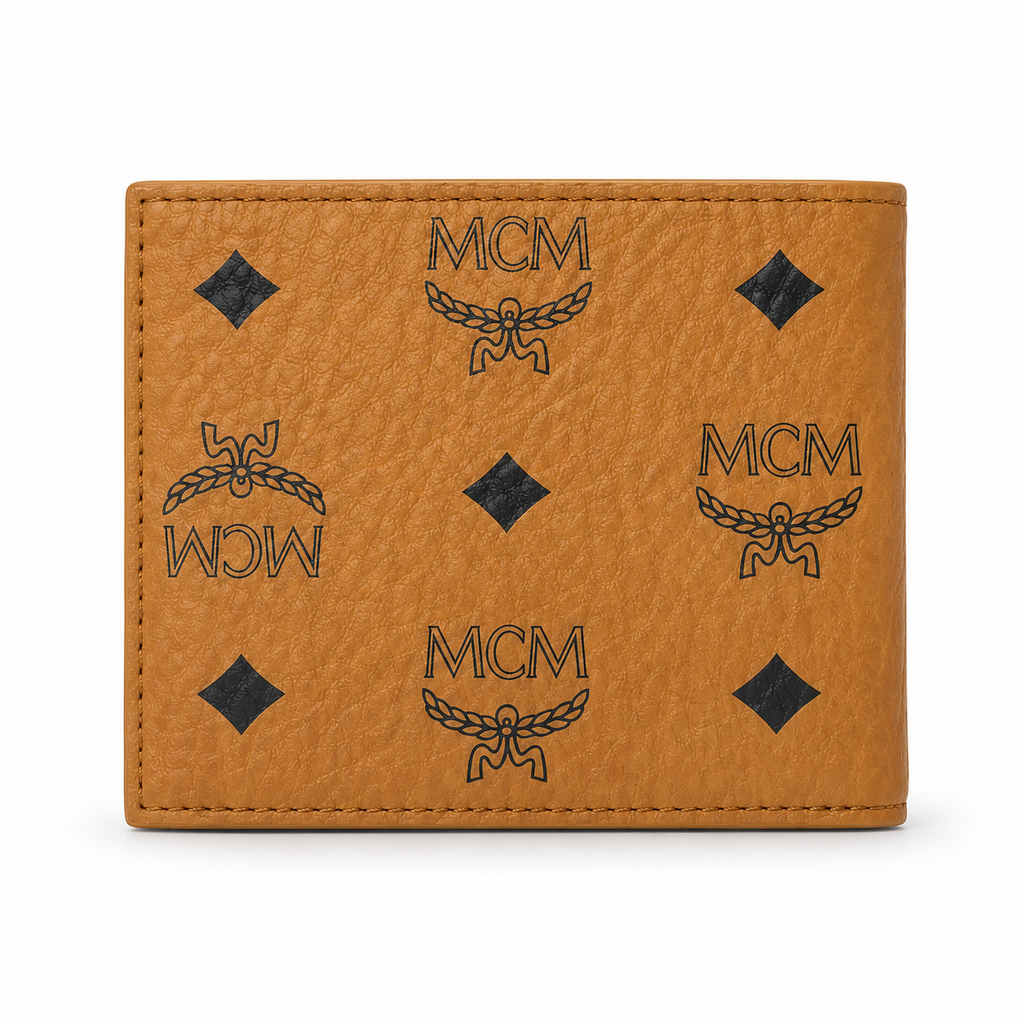 MCM Visetos Original Compact Wallet – Cognac Coated Canvas Bifold with Coin Pocket