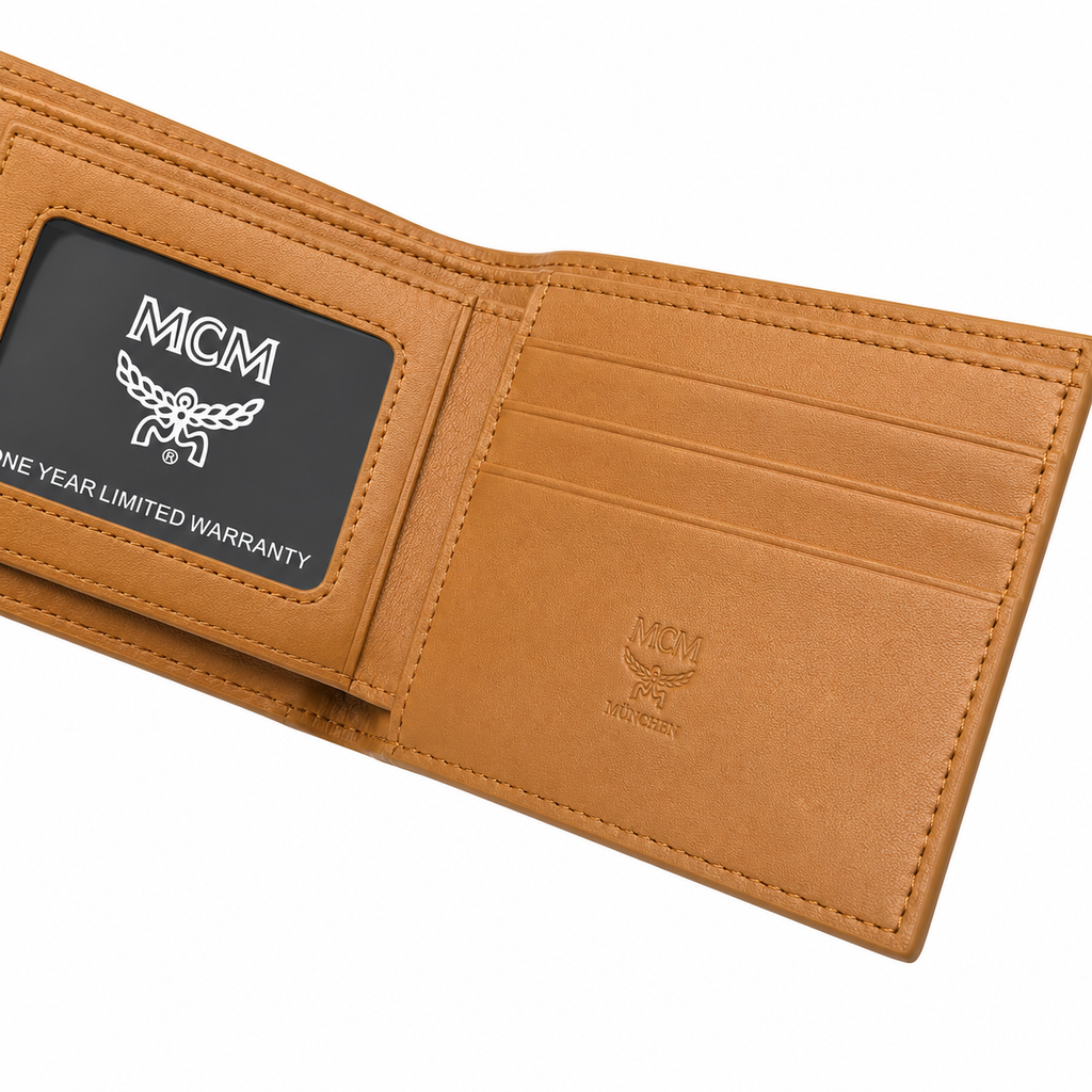 MCM Visetos Original Compact Wallet – Cognac Coated Canvas Bifold with Coin Pocket