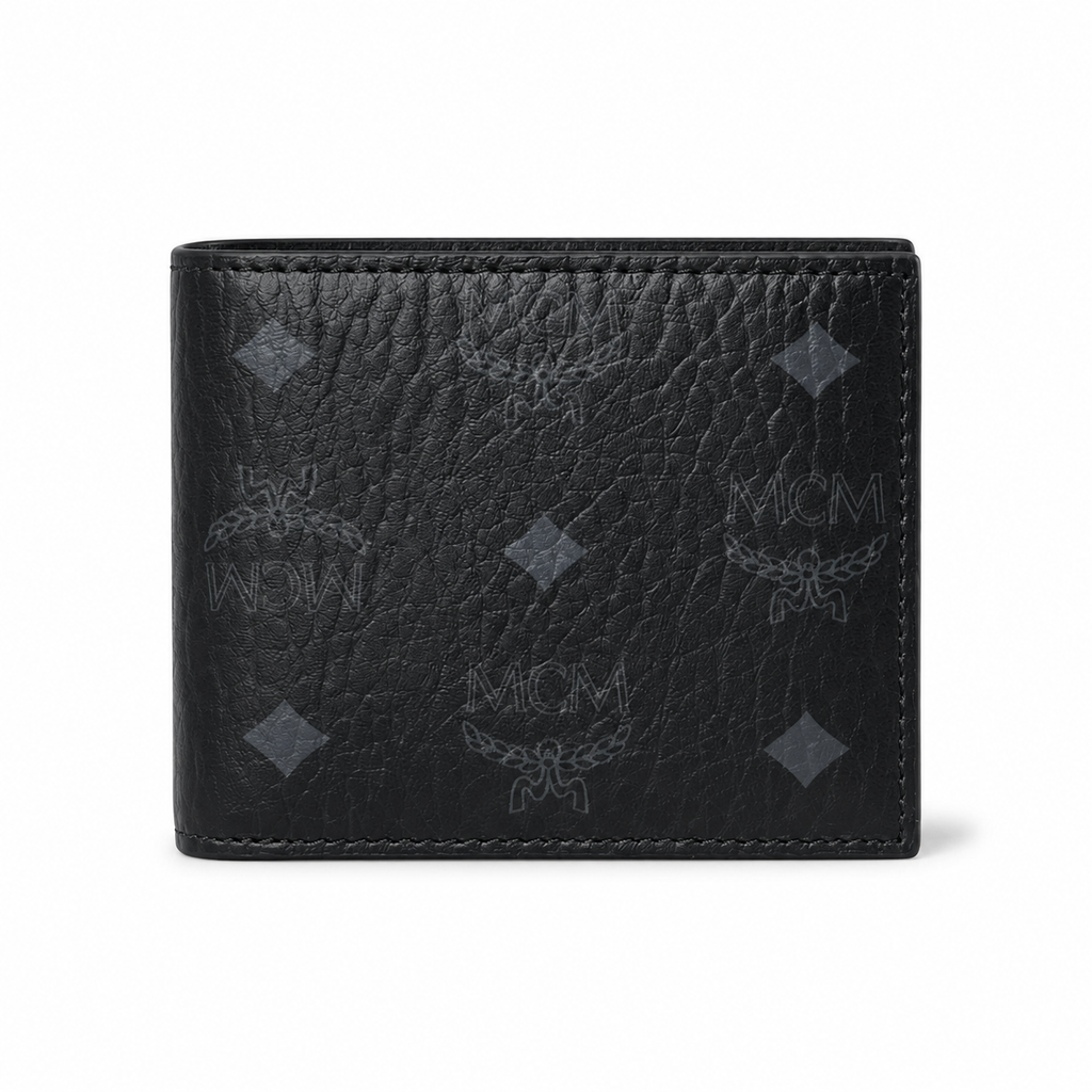 MCM Men's Visetos Bifold Wallet – Black Logo Print Short Wallet & Card Holder