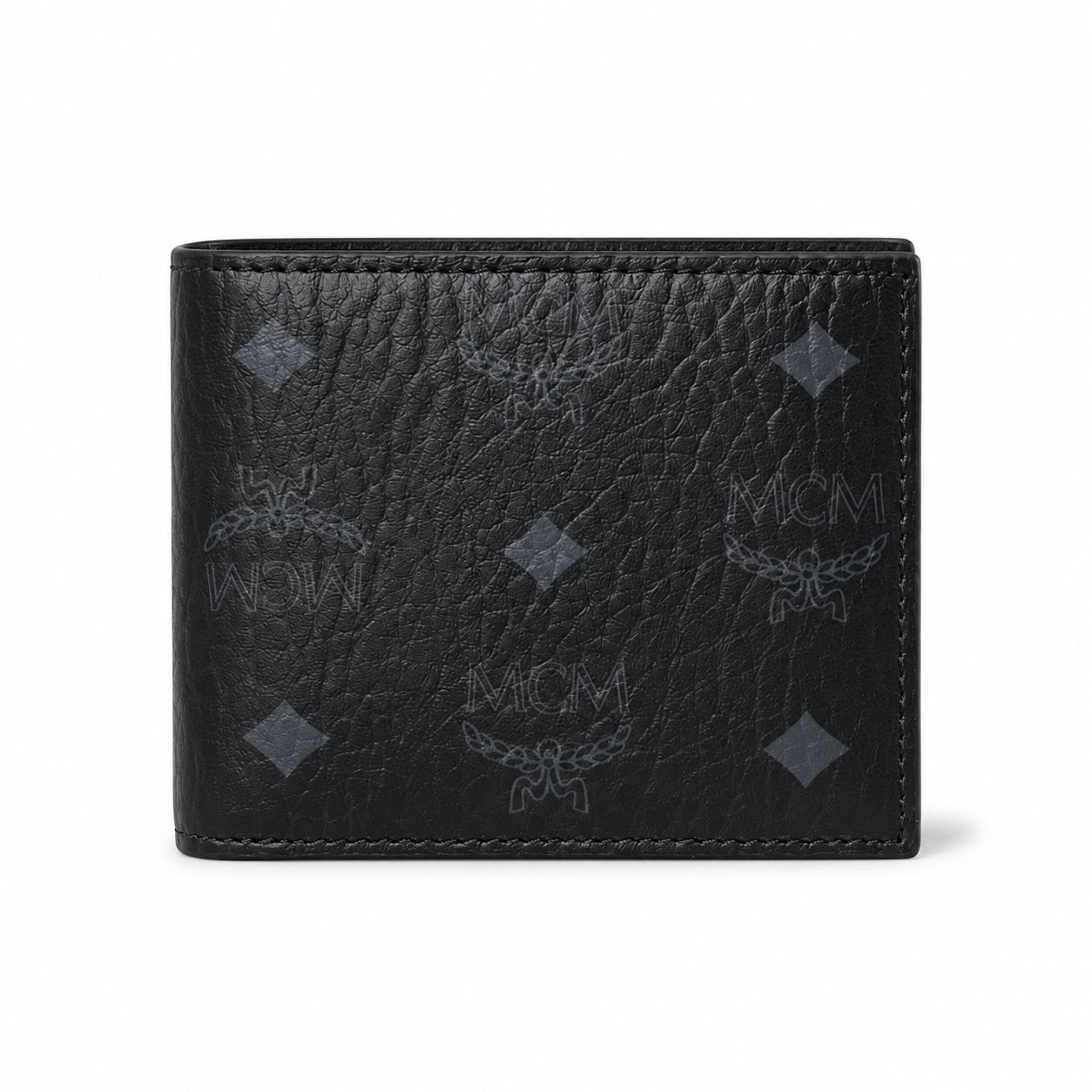 MCM Men's Visetos Bifold Wallet – Black Logo Print Short Wallet & Card Holder