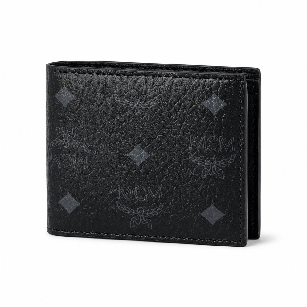 MCM Men's Visetos Bifold Wallet – Black Logo Print Short Wallet & Card Holder