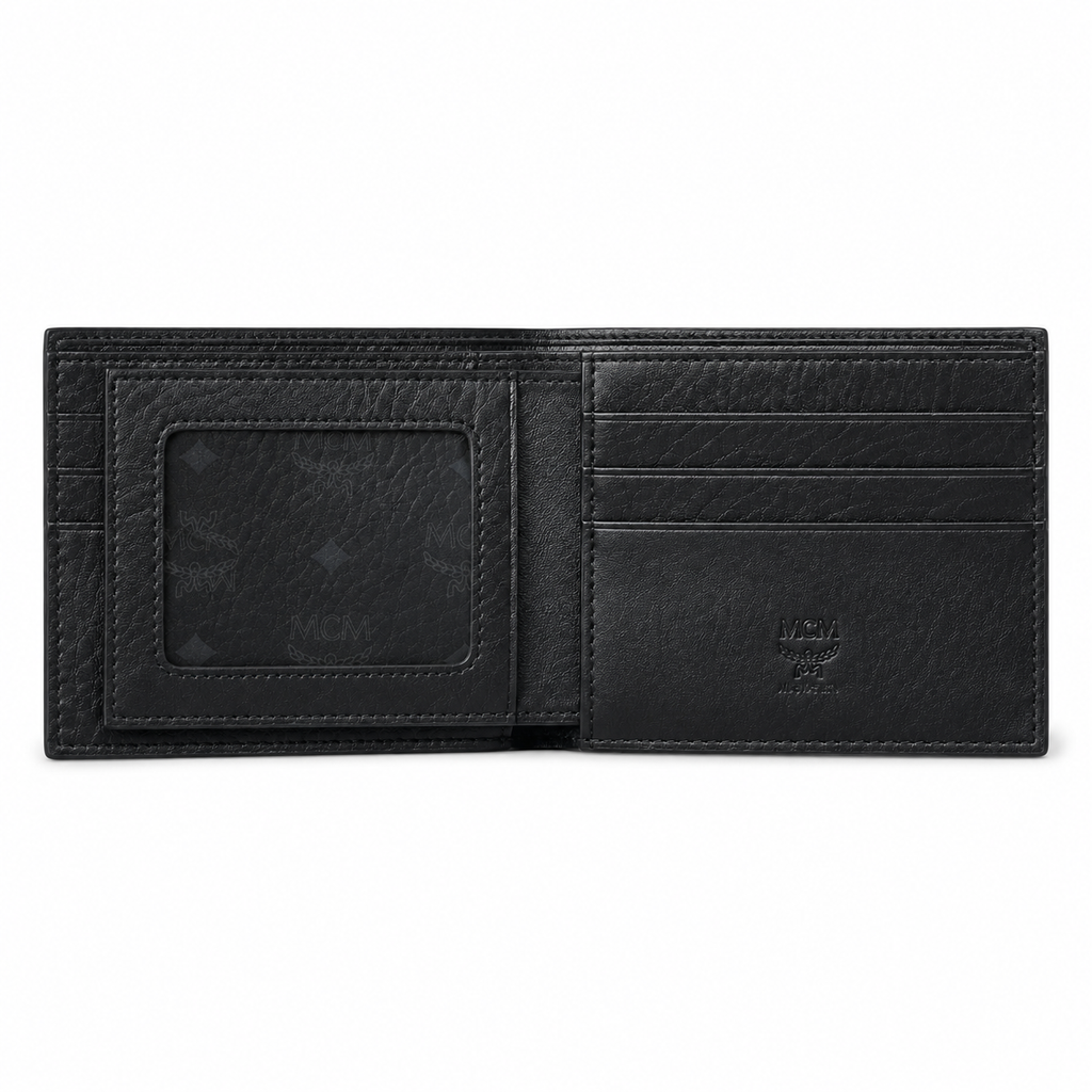 MCM Men's Visetos Bifold Wallet – Black Logo Print Short Wallet & Card Holder