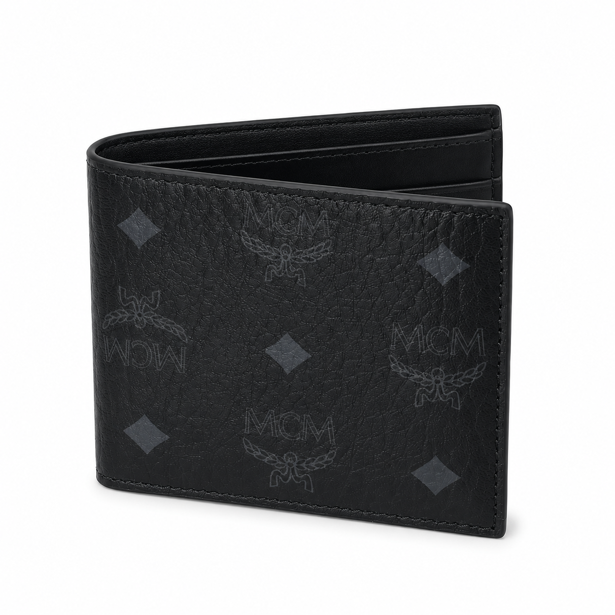 MCM Men's Visetos Bifold Wallet – Black Logo Print Short Wallet & Card Holder
