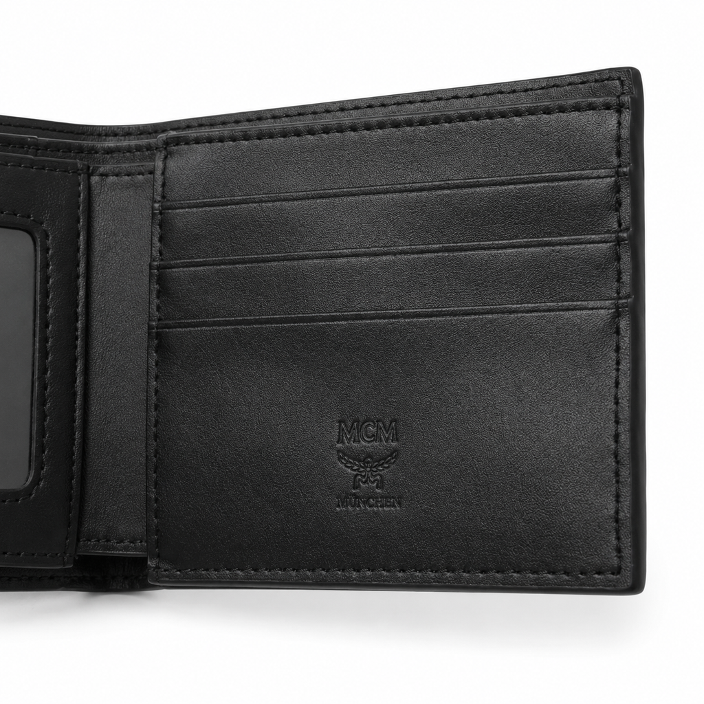 MCM Men's Visetos Bifold Wallet – Black Logo Print Short Wallet & Card Holder