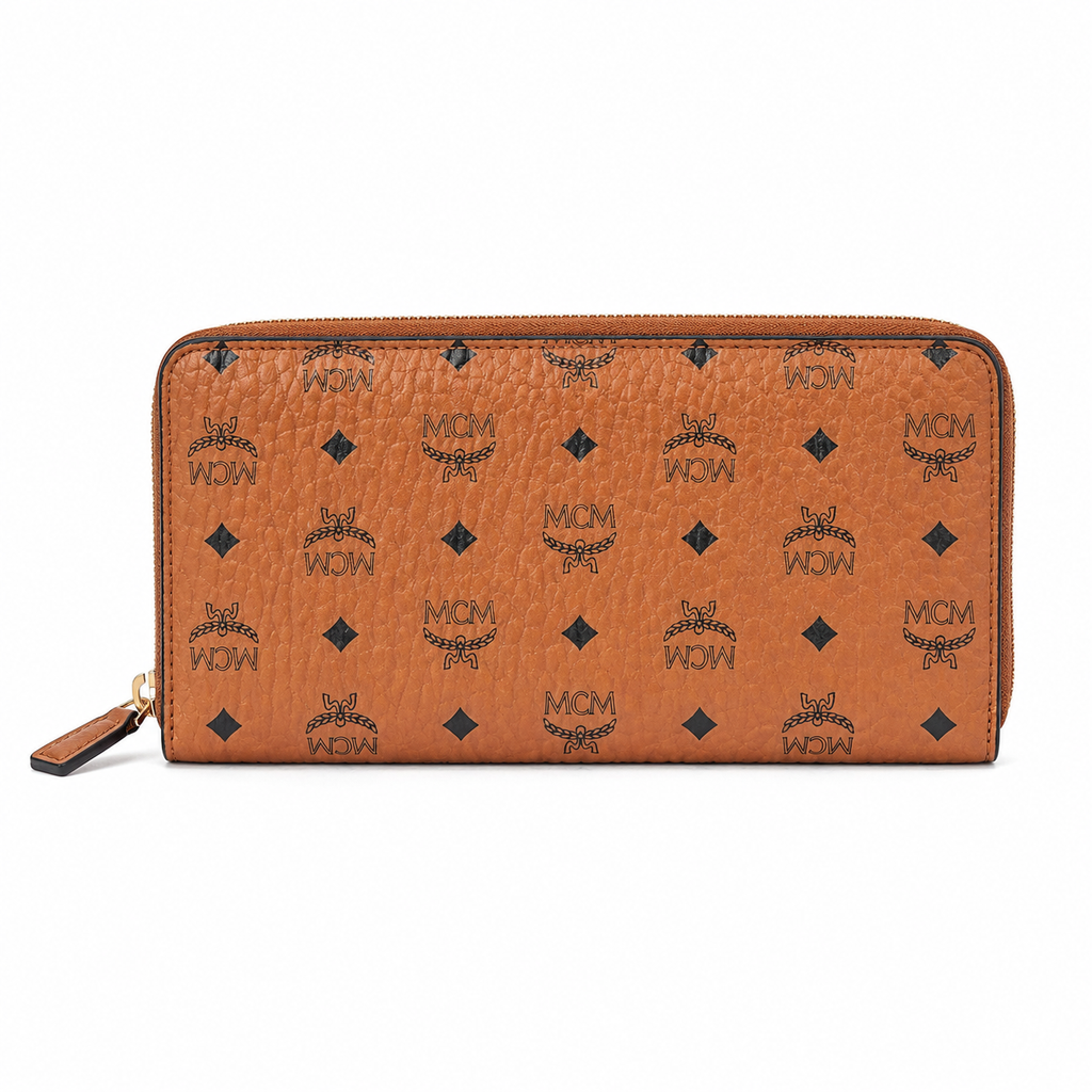 MCM Visetos Original Zip Around Long Wallet – Cognac / Black, 19cm