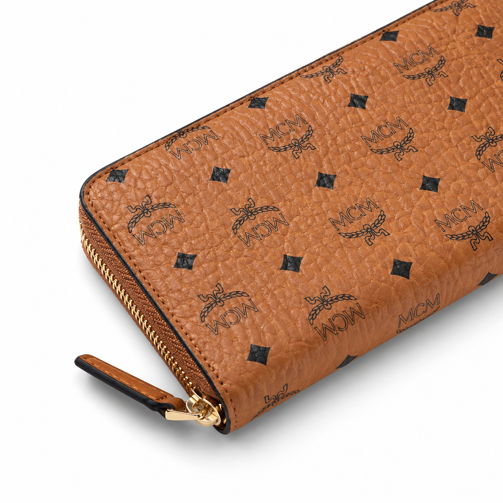 MCM Visetos Original Zip Around Long Wallet – Cognac / Black, 19cm