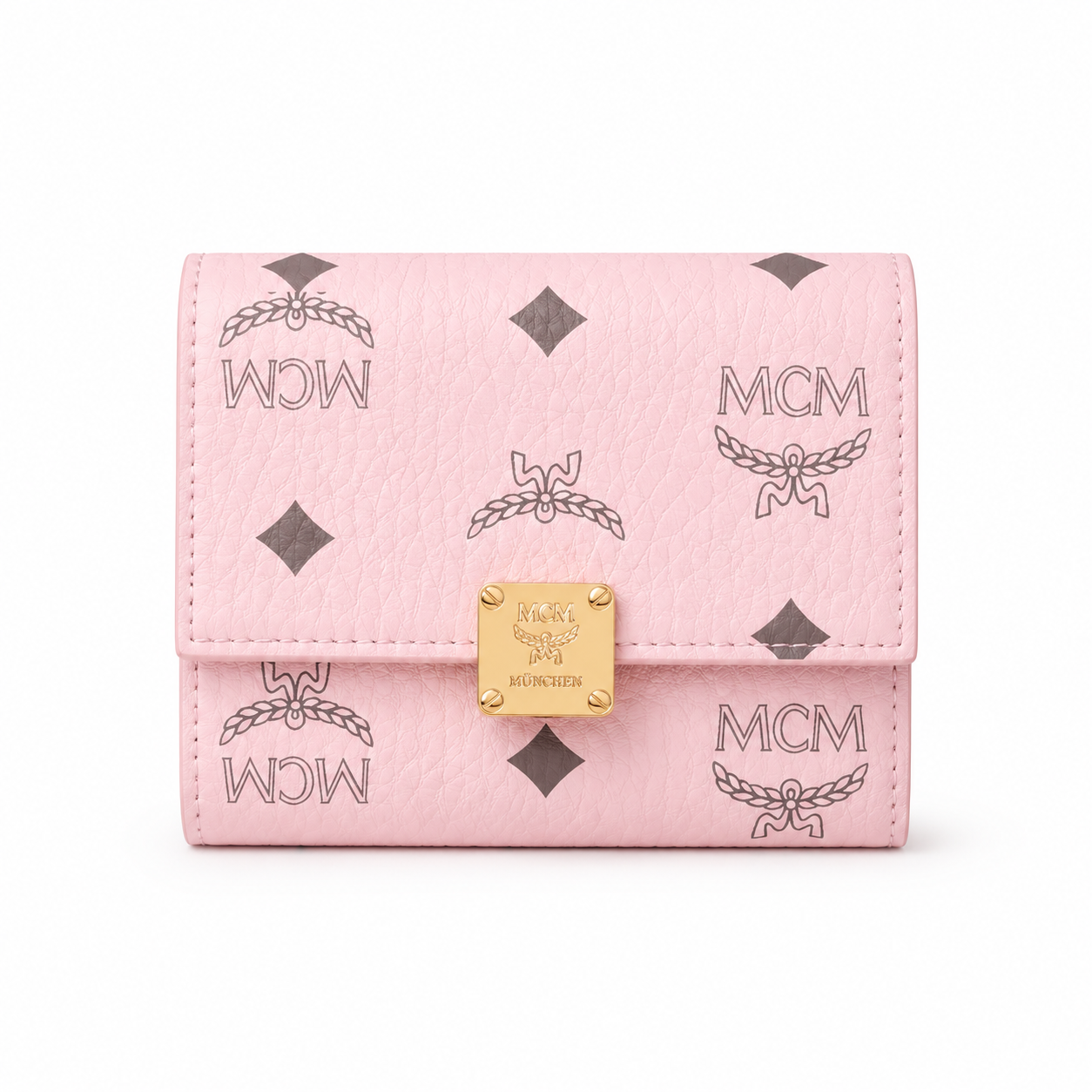 MCM Patricia Pink Leather Trifold Wallet with Gold Lock – 11x10cm