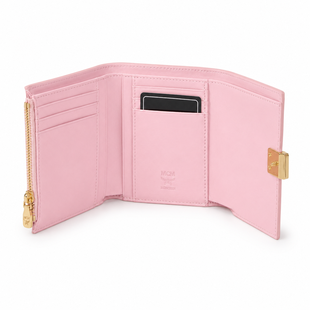 MCM Patricia Pink Leather Trifold Wallet with Gold Lock – 11x10cm