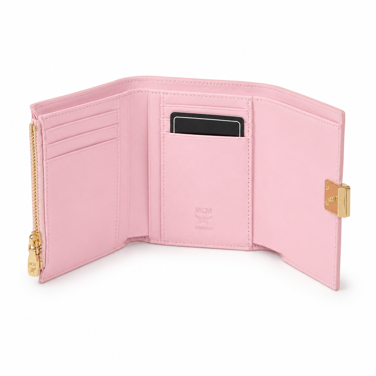 MCM Patricia Pink Leather Trifold Wallet with Gold Lock – 11x10cm