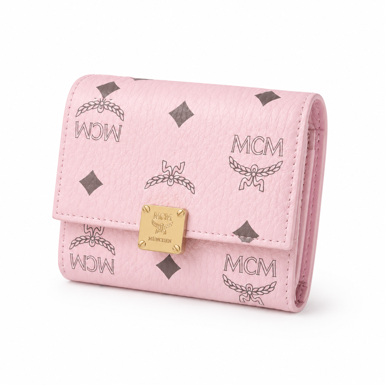 MCM Patricia Pink Leather Trifold Wallet with Gold Lock – 11x10cm