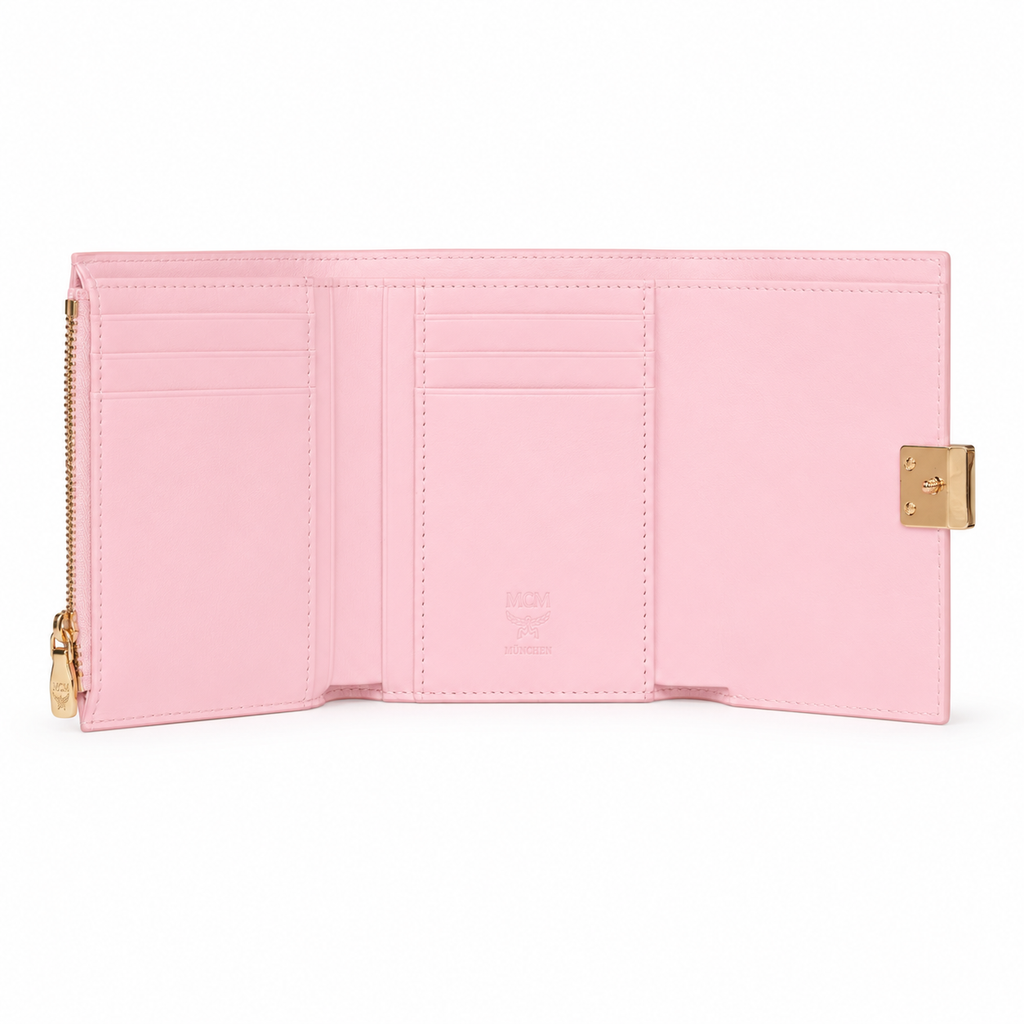 MCM Patricia Pink Leather Trifold Wallet with Gold Lock – 11x10cm