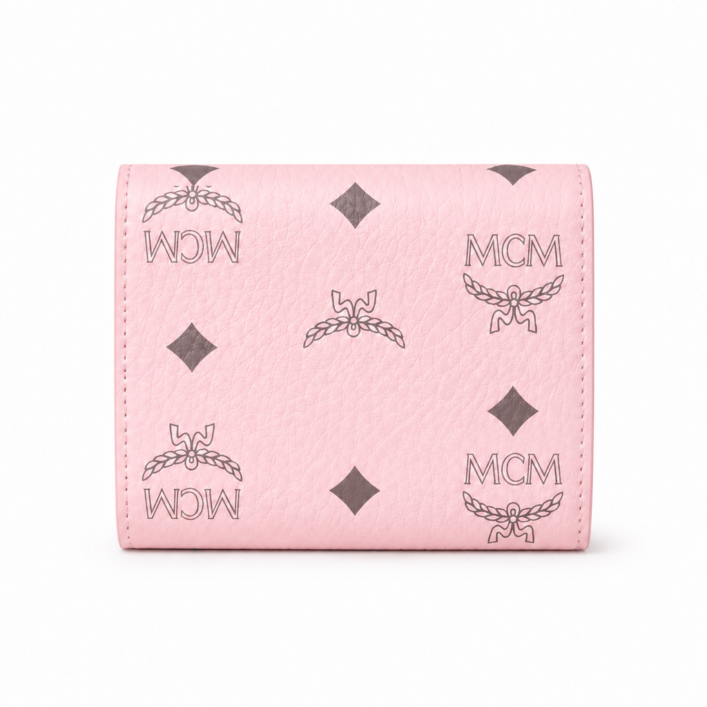 MCM Patricia Pink Leather Trifold Wallet with Gold Lock – 11x10cm