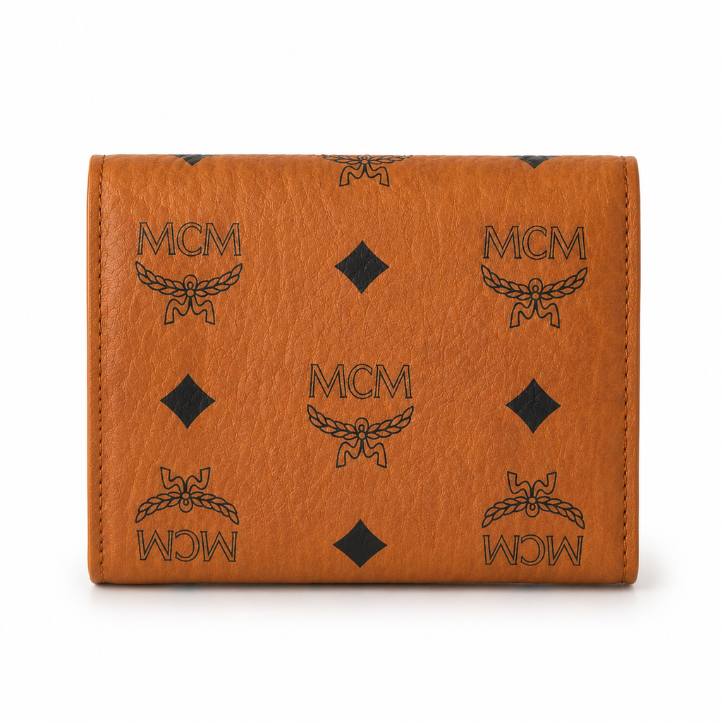 MCM Patricia Visetos Trifold Wallet – Cognac Brown, 11x10cm