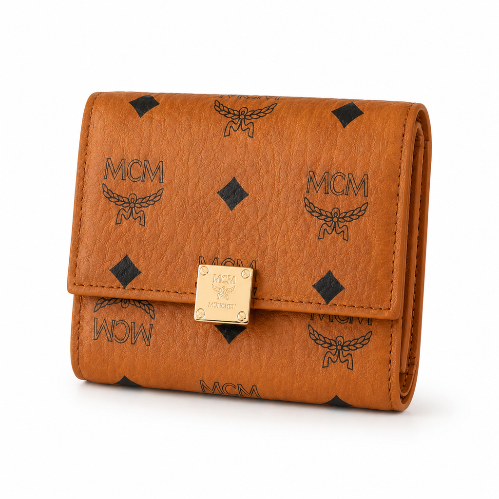 MCM Patricia Visetos Trifold Wallet – Cognac Brown, 11x10cm