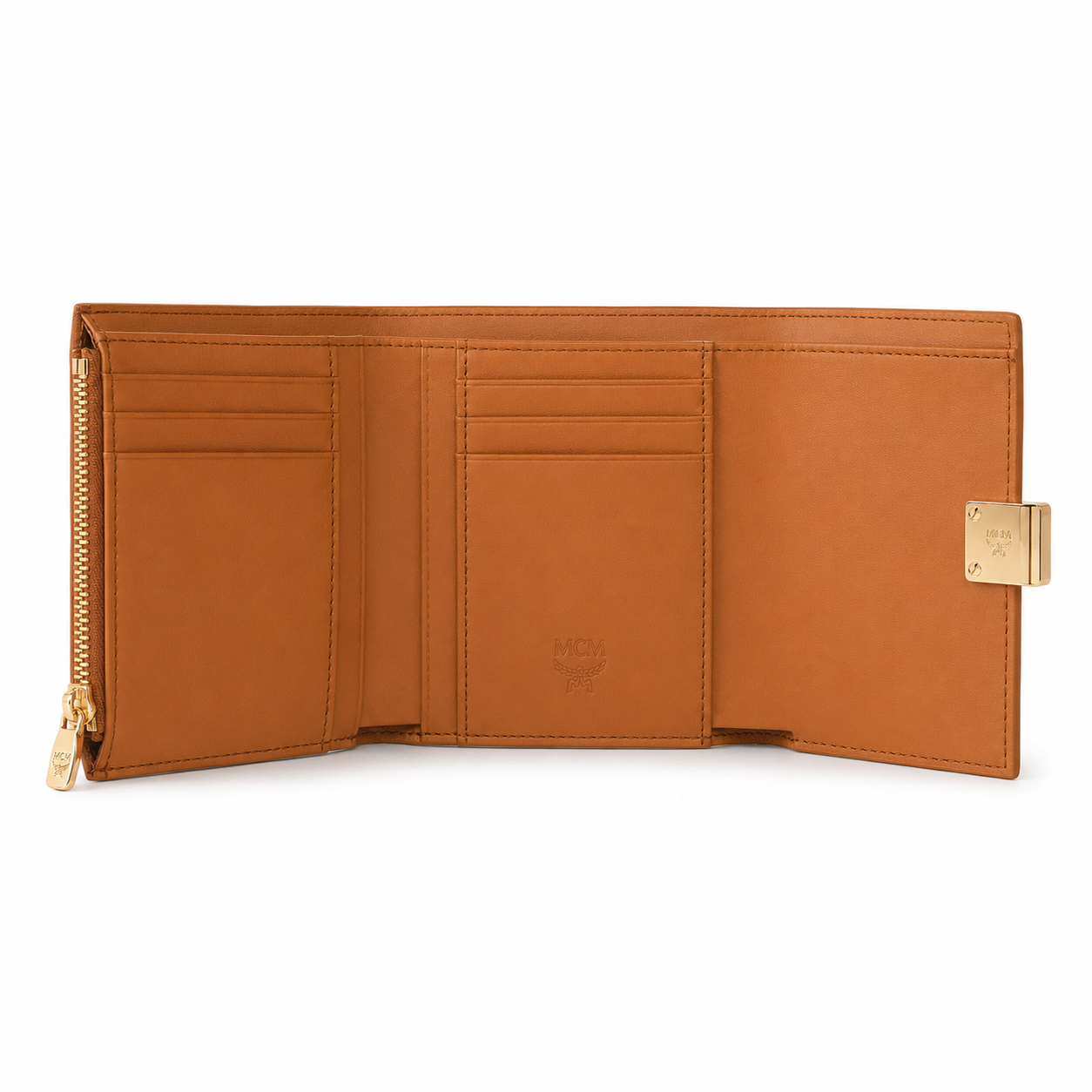 MCM Patricia Visetos Trifold Wallet – Cognac Brown, 11x10cm