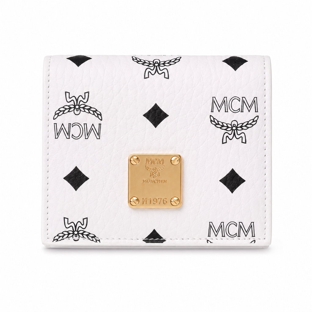 MCM Patricia Visetos Bi-Fold Wallet in White – Classic Logo Print, Gold Hardware, Compact Design for Everyday Use