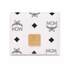 MCM Patricia Visetos Bi-Fold Wallet in White – Classic Logo Print, Gold Hardware, Compact Design for Everyday Use