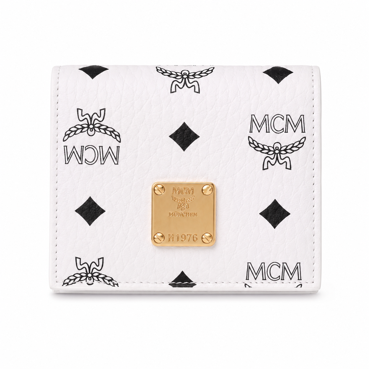MCM Patricia Visetos Bi-Fold Wallet in White – Classic Logo Print, Gold Hardware, Compact Design for Everyday Use