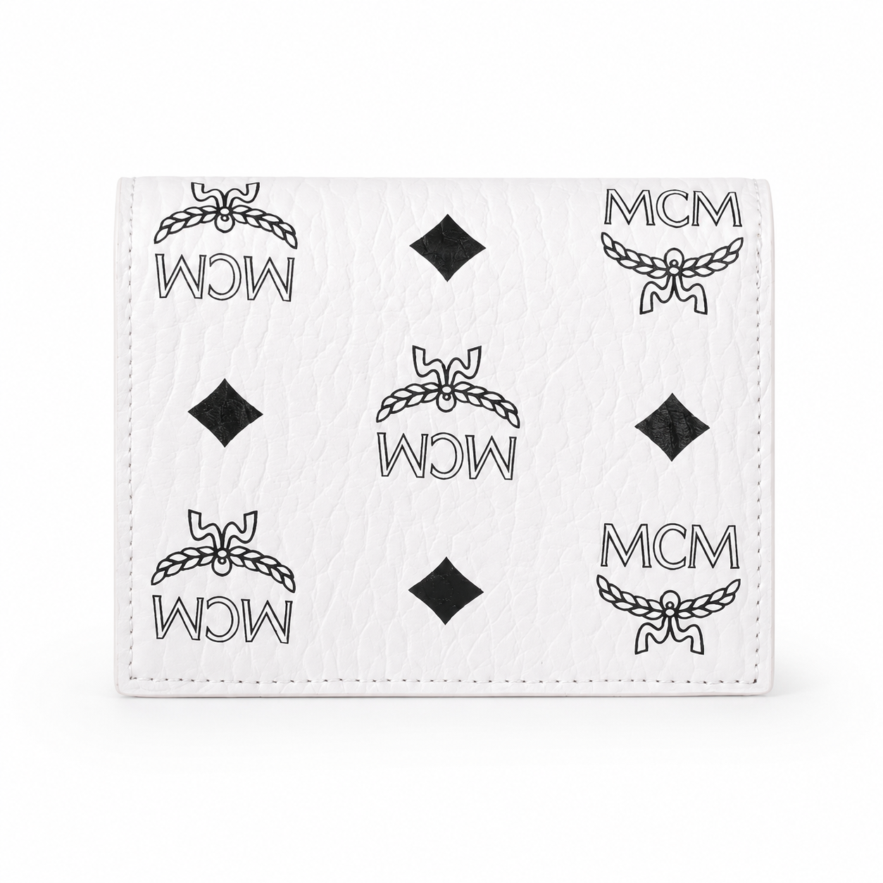 MCM Patricia Visetos Bi-Fold Wallet in White – Classic Logo Print, Gold Hardware, Compact Design for Everyday Use