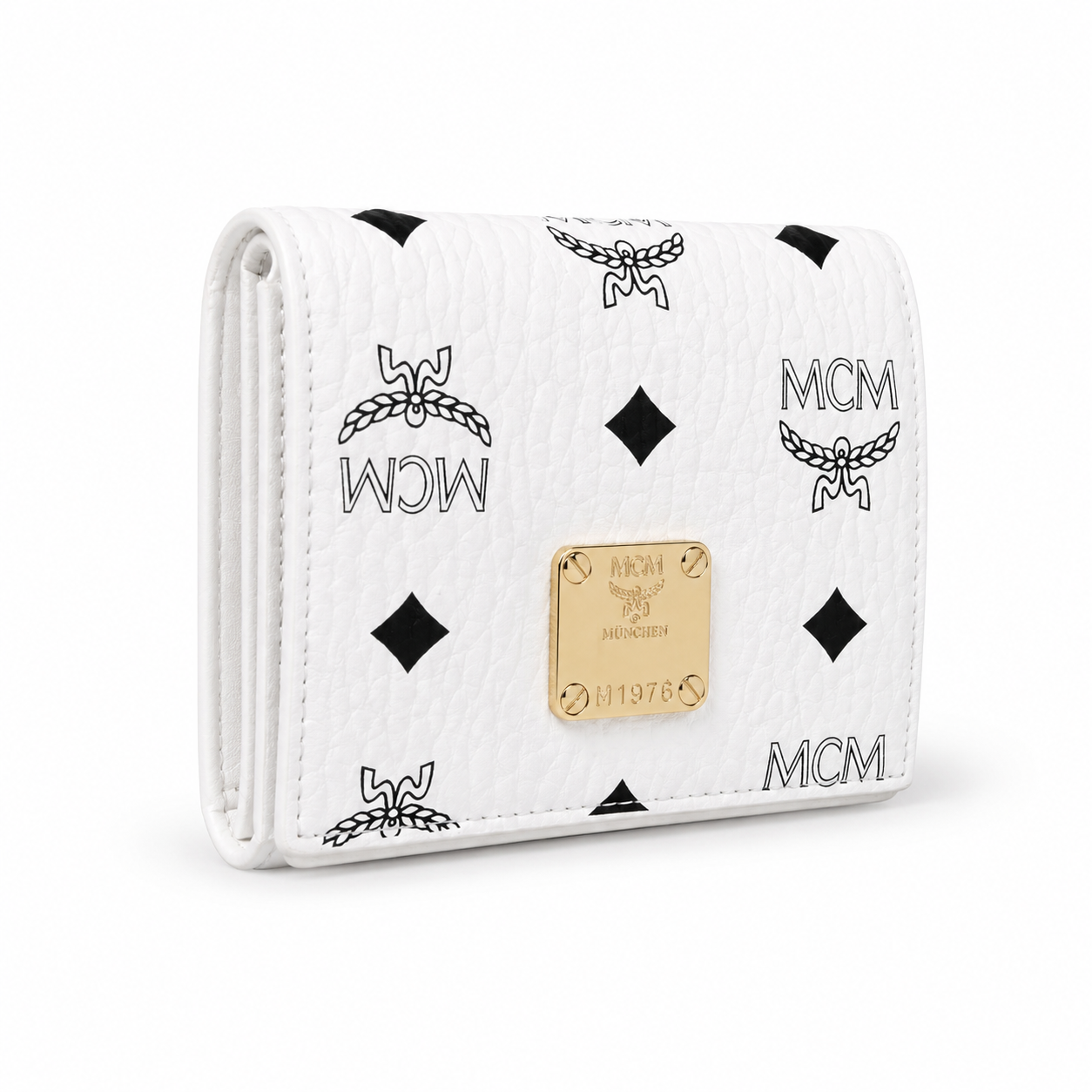 MCM Patricia Visetos Bi-Fold Wallet in White – Classic Logo Print, Gold Hardware, Compact Design for Everyday Use