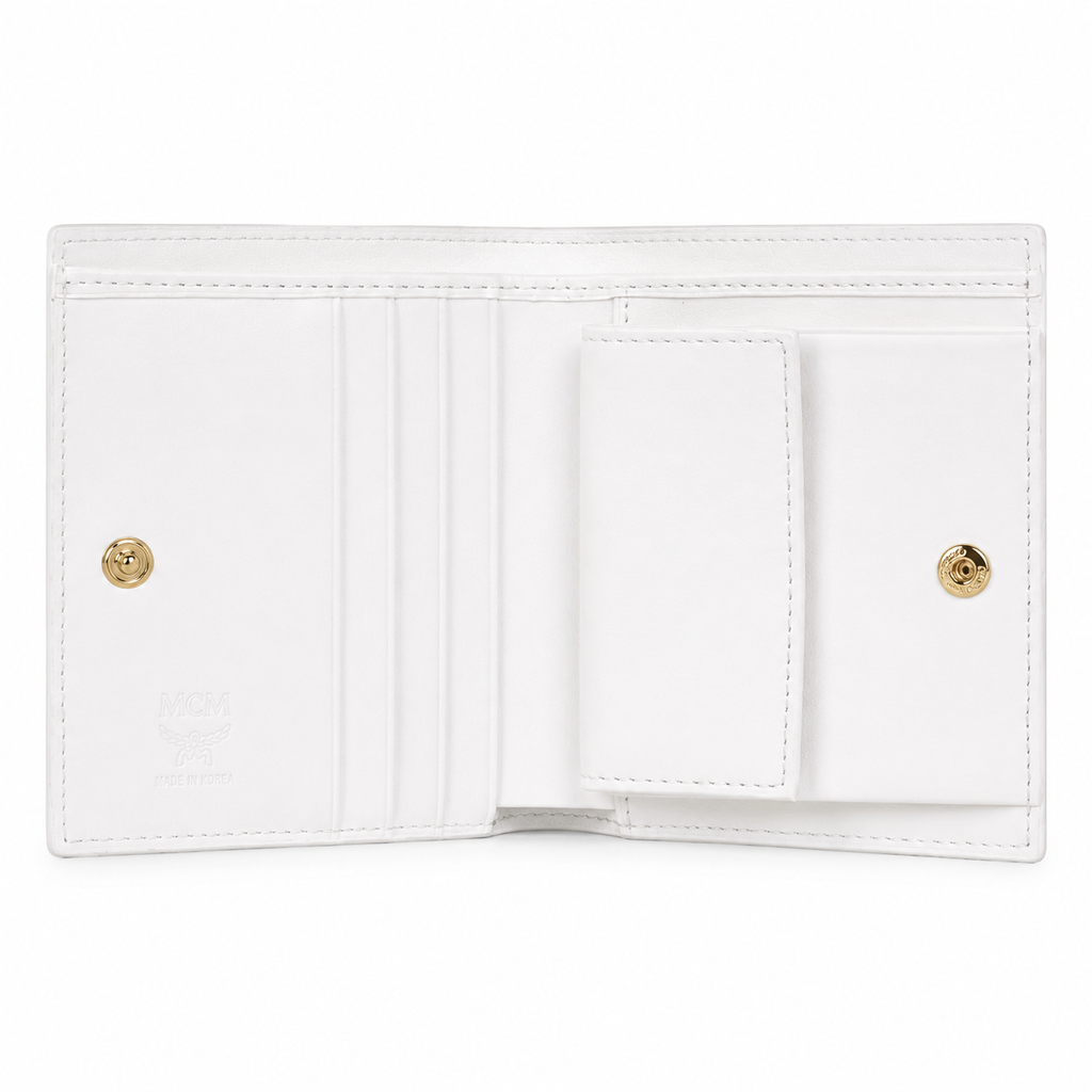 MCM Patricia Visetos Bi-Fold Wallet in White – Classic Logo Print, Gold Hardware, Compact Design for Everyday Use