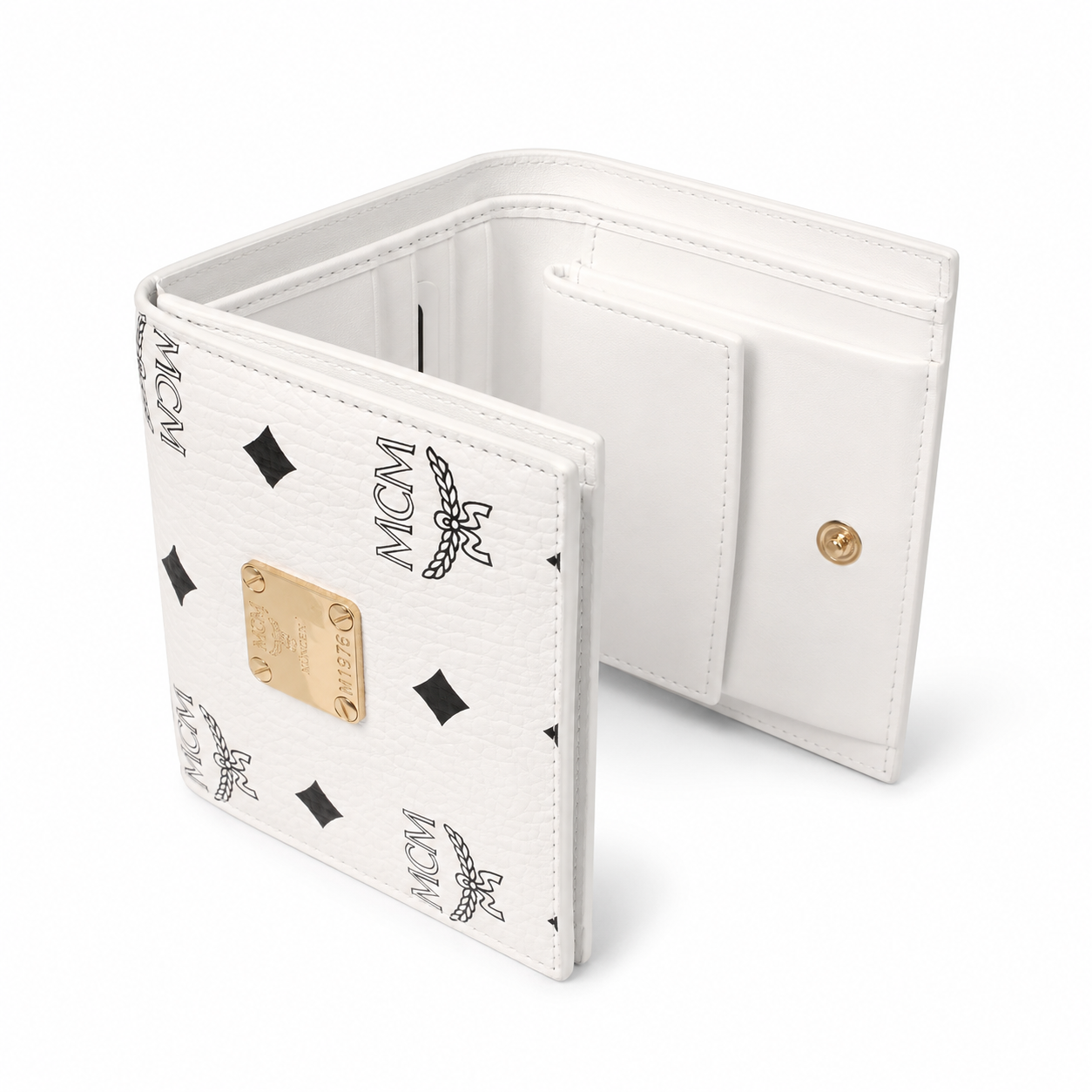 MCM Patricia Visetos Bi-Fold Wallet in White – Classic Logo Print, Gold Hardware, Compact Design for Everyday Use